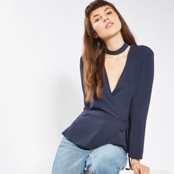 Topshop Tops - Topshop Navy Choker Wrap Tie Blouse